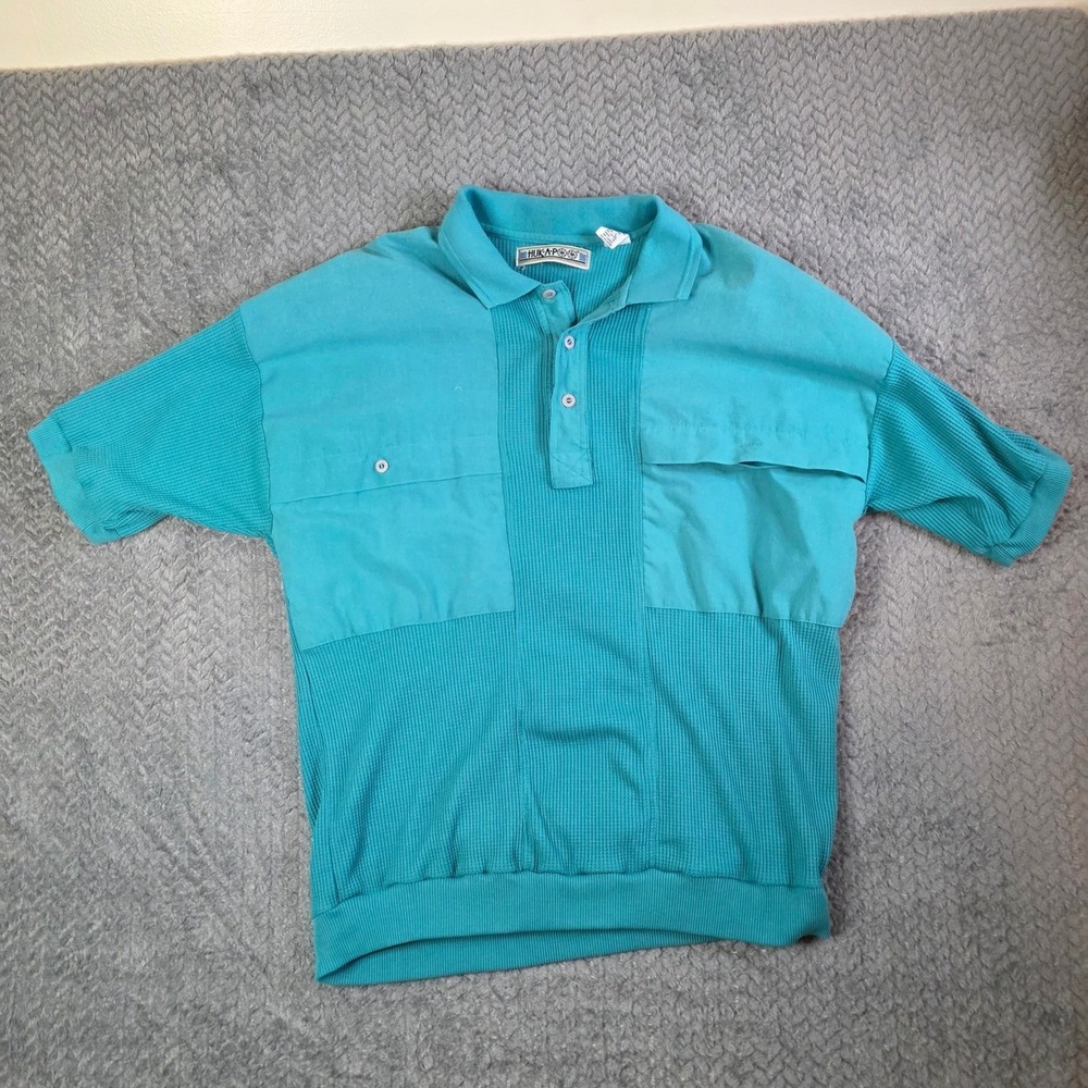 HukAPoo‎ Teal Waffle Knit Polo Shirt Men's Size L Short Sleeve Casual